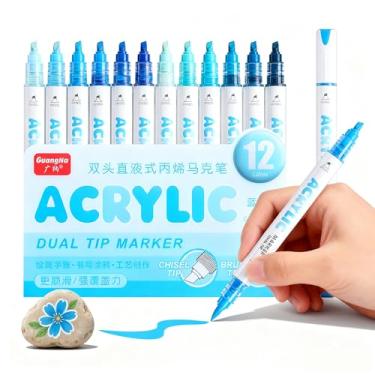 Imagem de kander Marcadores de tinta acrílica de ponta dupla de 12 cores, cor azul — conjunto de canetas de pincel extra fino e macio com fluxo direto de tinta para esboçar, detalhar, colorir em madeira, tela