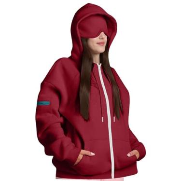 Imagem de IEUDNS Moletom feminino com capuz para viagens, com máscara de dormir integrada, leve, para primavera e outono, Vermelho