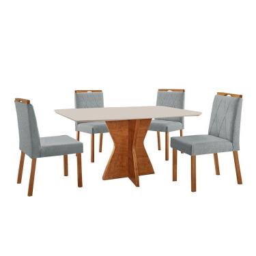 Imagem de Conjunto Sala De Jantar Mesa Madri 140x80cm Tampo Retângular Vidro Off White Com 4 Cadeiras Bela Linho Cinza