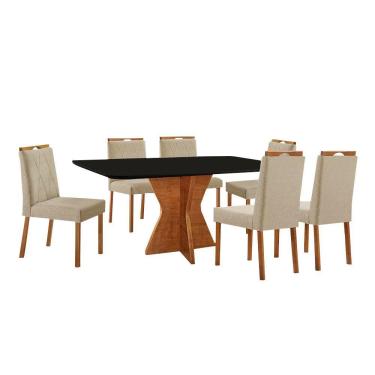 Imagem de Conjunto Sala De Jantar Mesa Madri 160x90cm Tampo Retângular Vidro Preto Com 6 Cadeiras Linho Bege