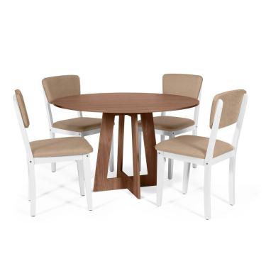 Imagem de Mesa De Jantar Redonda Montreal Noronha Com 4 Cadeiras Estofadas Ella Branco/marrom Claro