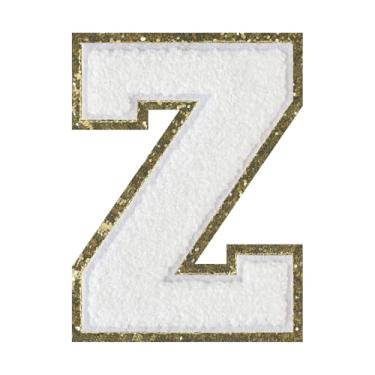Imagem de 1 PÇ Patch de letra de chenille de ferro branco de 11,4 cm com borda dourada – Remendos do alfabeto para roupas, jaquetas, mochilas, chapéus para decoração personalizada, nome personalizado e
