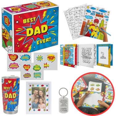 Imagem de MIARAH CRAFTS Caixa de presente DIY Superdad – Presente de aniversário personalizável para o pai, presente de Dia dos Pais, inclui copo, chaveiro, moldura, cartões para papai, páginas para colorir