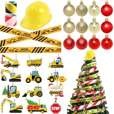 Imagem de 28 peças de enfeites de árvore de caminhão de construção de Natal para pendurar capacete de construção de madeira fita de escavadeira enfeite de bola de Natal para decoração de festa de casa