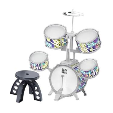 Imagem de Milageto Conjunto de bateria infantil para crianças, iluminação musical, de 4 a 14 anos, com baquetas, banco para atividades de percussão em concerto, Borda Cinza