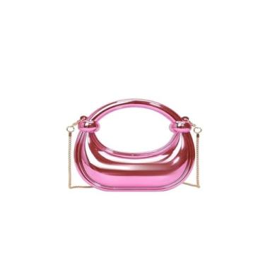 Imagem de Mini bolsa de mão metálica rosa brilhante, retrô em forma de U com alça de corrente, bolsa tiracolo elegante para mulheres, festa noturna casual