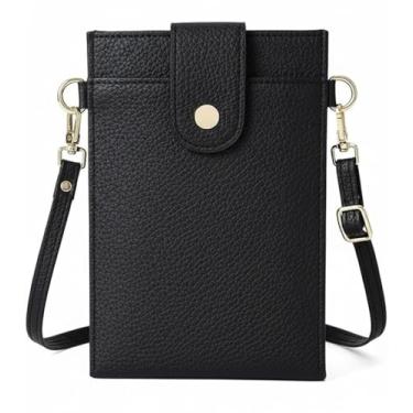 Imagem de Bolsa Carteira Feminina de Couro com Alça Transversal, Preta, Design Elegante com Fecho de Botão, Porta Cartões