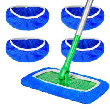 Imagem de Pacote com 3 almofadas de esfregão de microfibra reutilizáveis azuis escuras, capa de esfregão plana molhada e seca, refil de almofadas molhadas laváveis para limpeza de piso de superfície/madeira