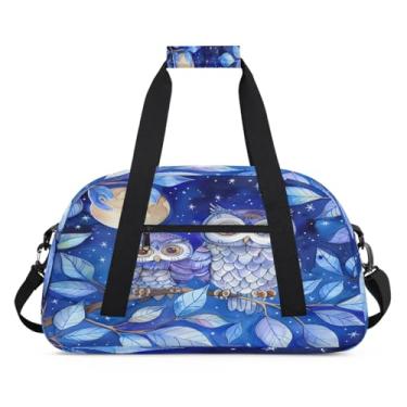 Imagem de Bolsa esportiva com estampa de coruja e lua, tamanho grande, impermeável, durável, dobrável, bolsa de festa do pijama, bolsa de treino para dança, balé, academia, ginástica, bolsa de viagem, presente