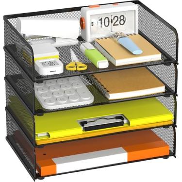 Imagem de YINGHUA Pacote com 4 bandejas de papel empilháveis de malha de metal para sala de aula, organizador de arquivos de mesa de escritório, caixa de armazenamento para documentos de pasta tamanho A4