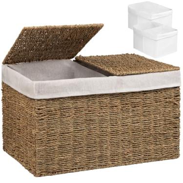 Imagem de Cesta de armazenamento de vime tecida à mão com 2 tampas e forros, cesta grande para roupas, brinquedos, cobertores, porta-malas de armazenamento dobrável, caixa de armazenamento para sala de estar e