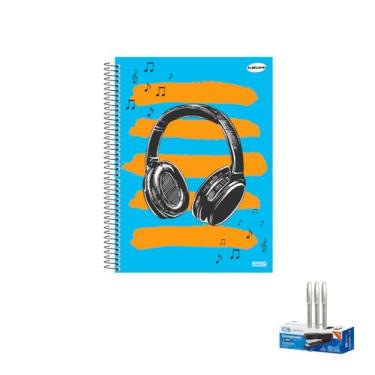 Imagem de Kit Caderno Masculino 10 Matérias 200 Folhas + Caneta Trigel Branca 0.8mm + Grampeador Metallic C-15