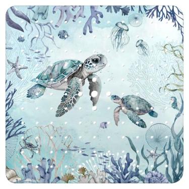 Imagem de Tapete de banheira antiderrapante, tapete de banheira quadrado tartaruga tapete de chuveiro com ventosas para adultos crianças idosos 53 x 53 centímetros