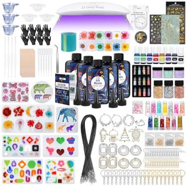 Imagem de KISREL Kit de fabricação de joias de resina UV - 500 g de resina UV cristalina com moldes de luz e joias, cura rápida para chaveiros, fabricação de brincos, decorações de artesanato DIY