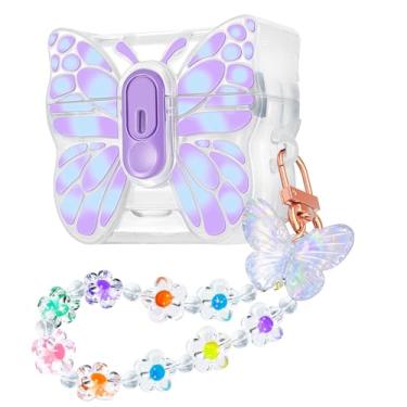 Imagem de CameCosy Capa compatível com AirPods 4 gerações com chaveiro borboleta - design de bloqueio pop-up e função de suporte, capa à prova de choque de TPU com lindo padrão de borboleta para mulheres, roxo
