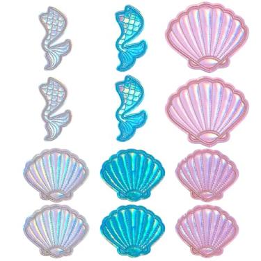 Imagem de AHANDMAKER 12 peças, 6 estilos, cauda de sereia do oceano, bordado, remendo, concha, costurar, passar a ferro em remendos Ocean Beach, aplique de reparo para roupas, vestido, chapéu, jeans, bolsa