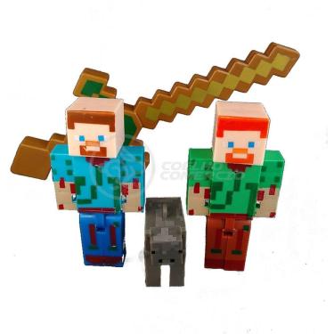 Imagem de Kit Cartelado Conj. Minecraft 2 Bonecos + 1 Bloco + 1 Vaca + 1 Espada Minecraft 31cm