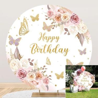 Imagem de 2 x 2 m, boho, aniversário, redondo, capa boêmia rosas rosas borboletas douradas fundo fotográfico para decoração de festa de aniversário feminina, faixa de feliz aniversário, decoração de mesa de