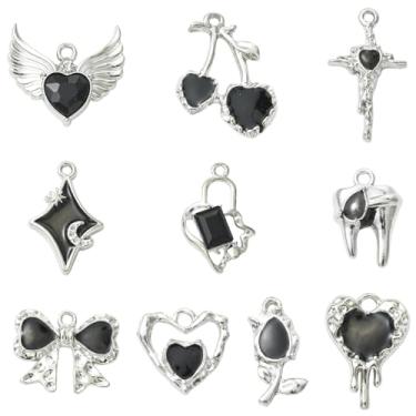 Imagem de LiQunSweet 20 peças, 10 estilos, pingentes esmaltados com tema gótico preto, coração punk, cruz, estrela, asa, berloques para joias, pulseira, colar, brinco, chaveiro, decoração de telefone