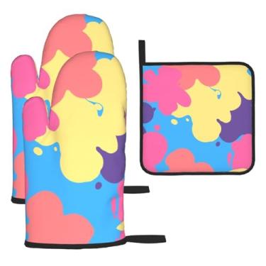 Imagem de Conjunto de cozinha essencial de 3 peças com estampa de flores, luvas resistentes ao calor e alça de tampa, proteção para churrasco no forno, design de armazenamento suspenso.