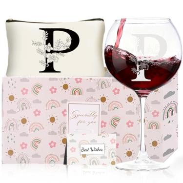 Imagem de Presentes de Natal para mulheres, taças de vinho com monograma com bolsa de maquiagem, presentes exclusivos de elefante branco de casamento para mãe, pai, irmã, professora, esposa, marido (P)