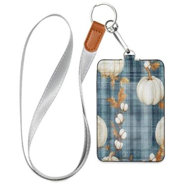 Imagem de Wassud Porta-crachá de couro PU White Pumpkins com cordão, porta-cartão de identificação para trabalho, cordão de pescoço com compartimentos para cartões de crédito, funcionários, estudantes, 40 cm
