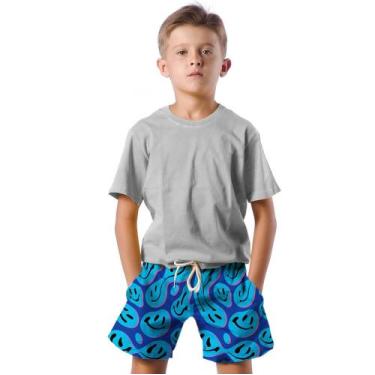Imagem de Shorts Infantil Bermuda Calção Praia Verão Emojis Azul Arte Água 628 -