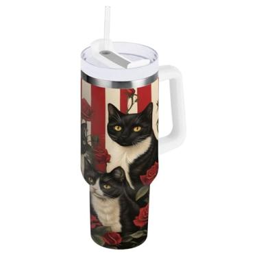 Imagem de STAYTOP Copo de gato fofo de 850.5 g Dia dos Namorados com tampa e canudo, copo isolado de aço inoxidável durável à prova de vazamento com alça, garrafas de água à prova de derramamento para viagens