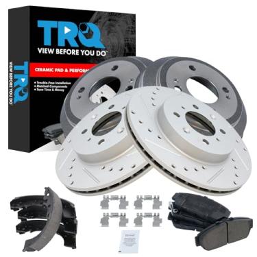 Imagem de TRQ Pastilha de freio dianteiro e traseiro e rotor, kit de sapata e tambor Desempenho de cerâmica revestido com G premium compatível com Honda Civic 1994-1995