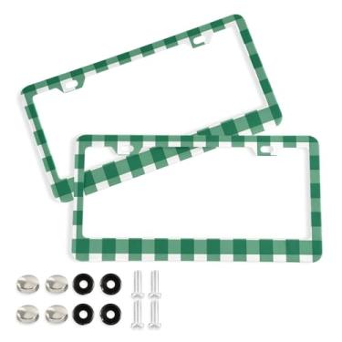 Imagem de CEBUGI Pacote com 2 molduras de placa de carro de alumínio capas de moldura de placa de carro com 2 furos xadrez verde acessórios automotivos para placas dianteiras e traseiras orifício elíptico