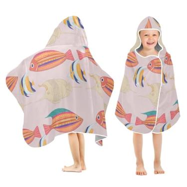 Imagem de Burbuja Toalha de banho com capuz de peixes coloridos para crianças, toalha de praia de pelúcia macia absorvente para chá de meninas e meninos 3-10 anos, 61 x 127 cm