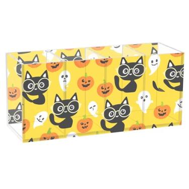Imagem de Burbuja Porta-canetas de acrílico Cats Halloween Pumpkins, 4 compartimentos, suporte de lápis transparente para pincéis de maquiagem, acessórios de mesa de escritório em casa