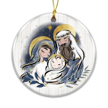 Imagem de Ornamento de presépio da Sagrada Família 2025 – Mary, Joseph & Baby Jesus Ornamento de cerâmica auréola dourada – Decoração de árvore de Natal cristã, religiosa, lembrança de fé católica 2024