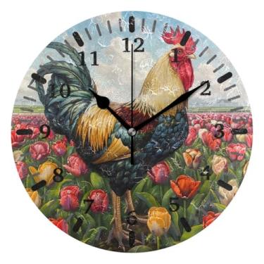 Imagem de CEBUGI Relógio de parede galo em tulipas operado por bateria relógios redondos silenciosos sem tique-taque relógios de parede para cozinha, banheiro, quarto, escritório, decoração 25,4 cm