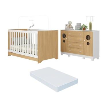 Imagem de Berço Americano 3 em 1 com Colchão Incluso e Cômoda 2 Portas 4 Gavetas Bombom Multimóveis Mp4720 Branco/madeirado