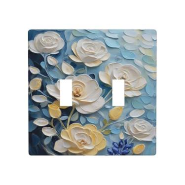 Imagem de Capa de interruptor de luz estilo de arte decorativa, padrão de flor azul e branca, placa de parede dupla com 2 faixas, placa elétrica decorativa para decoração de casa