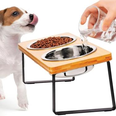 Imagem de FUNACAY Tigelas elevadas para cães – Tigelas duplas de 1,5 g, suporte inclinado de bambu com inclinação de 15° para cães com 2 tigelas de aço inoxidável para cães pequenos e médios, cães internos e
