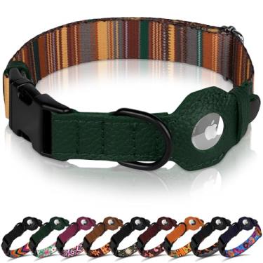 Imagem de Coleira para cães AirTag com fivela de metal - Coleira de couro macio de nylon impresso com suporte Apple AirTag - Coleiras de rastreamento seguro para animais de estimação para meninas e meninos