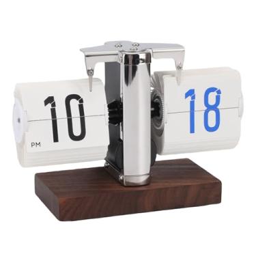 Imagem de Fockety Relógio de mesa flip, estilo retrô vintage com base de madeira, alimentado por bateria, relógio mecânico digital de 12 horas para decoração de casa, escritório ou sala (Branco)
