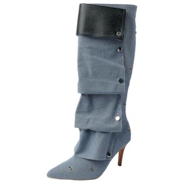 Imagem de Botas femininas elegantes de salto alto com emenda de botão, salto fino, cano longo, para lazer ao ar livre com sensação leve, Azul royal, 34