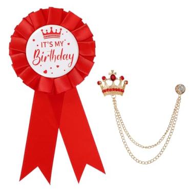 Imagem de PATIKIL Broche de aniversário MY Birthday com fita de cetim e broche de corrente pendurada na coroa para decoração de festa de aniversário, One Size, Liga de aço, Sem Pedra Preciosa