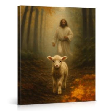 Imagem de Impressão de arte de parede em tela de Jesus Cristão, Jesus Pastor Perdido Cordeiro Perdido Imagem Arte Religiosa Decoração de Parede para Casa Sala de Estar Sala de Oração 20 x 25 cm Emoldurado