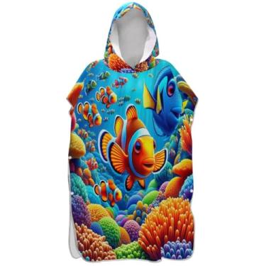 Imagem de Joisal Poncho de surfe floral colorido peixe-palhaço para adultos trocador plus size masculino poncho com capuz toalha floral