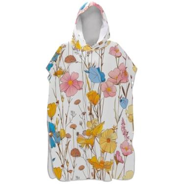 Imagem de Joisal Roupão de mudança para adultos, poncho de surfe, toalhas de banho com capuz, ponchos de praia vestíveis para homens, flores silvestres vintage, branco