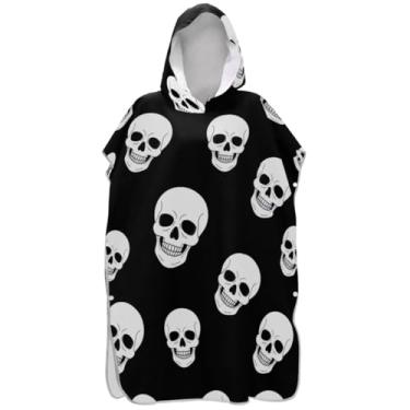 Imagem de Joisal Poncho de surfe vestível trocador roupão adulto praia moletom com capuz toalha natação crânios brancos preto feminino ponchos com capuz