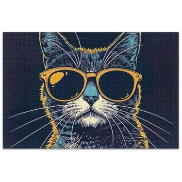 Imagem de Quebra-cabeça engraçado de gato com óculos de sol, 500 peças para adultos, presentes para elefante, branco, família, quebra-cabeça e arte de flores
