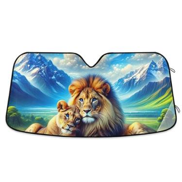 Imagem de Guarda-sol personalizado Majestic Lions Scenic Meadow Print para para-brisa de carro protetor solar dobrável caminhão para para-brisa dianteiro de carro M, 139,7 cm x 70,1 cm