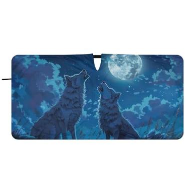 Imagem de Guarda-sol azul noturno personalizado lobo uivando lua para carro para-brisa engraçado caminhão dobrável sombra de carro automotivo para para-brisa dianteiro, 76,2 cm x 149,9 cm