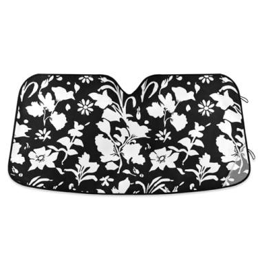Imagem de Silhuetas florais brancas pretas personalizadas para para-brisas de carro toldo engraçadas dobráveis para janelas dianteiras floral retrátil M, 139,7 cm x 70,1 cm