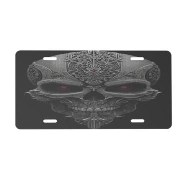 Imagem de Placa de carro de caveira preta legal para a frente do carro placas de carro alumínio metal adequado para caminhão placa de porta de carro bar café acessórios automotivos para homens mulheres 15 x 30